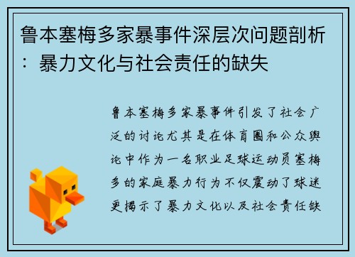 鲁本塞梅多家暴事件深层次问题剖析:暴力文化与社会责任的缺失 鲁本塞梅多家暴事件深层次问题剖析:暴力文化与社会责任的缺失