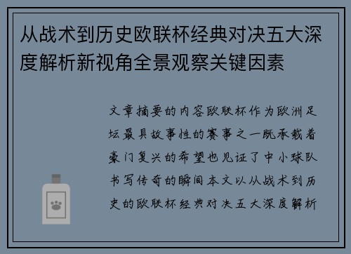 从战术到历史欧联杯经典对决五大深度解析新视角全景观察关键因素