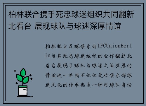 柏林联合携手死忠球迷组织共同翻新北看台 展现球队与球迷深厚情谊 柏林联合携手死忠球迷组织共同翻新北看台 展现球队与球迷深厚情谊